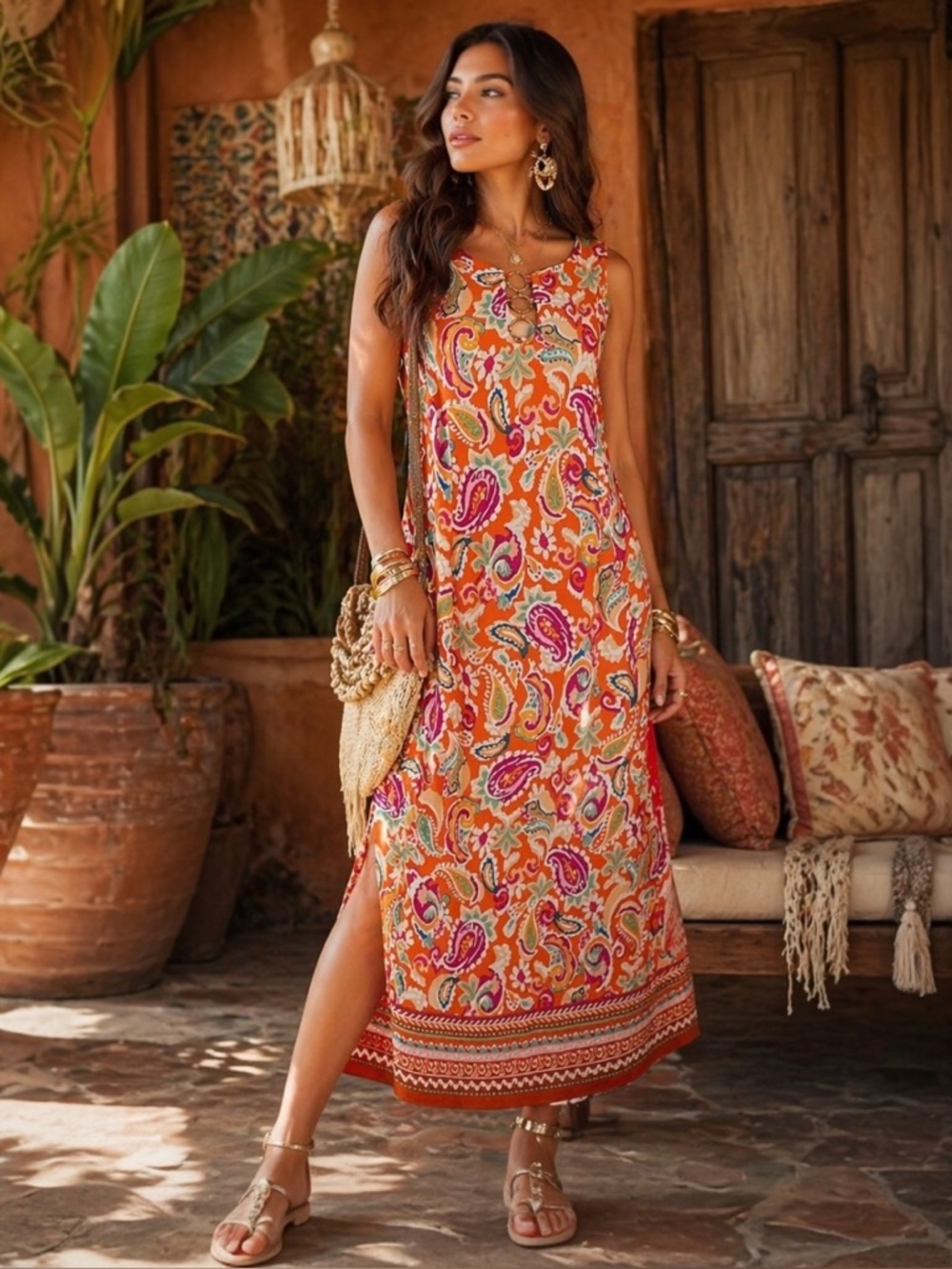 NWT $79 MSK Women's Dragon Fire Paisley Keyhole Sleeveless Shift Maxi Dress Sz M